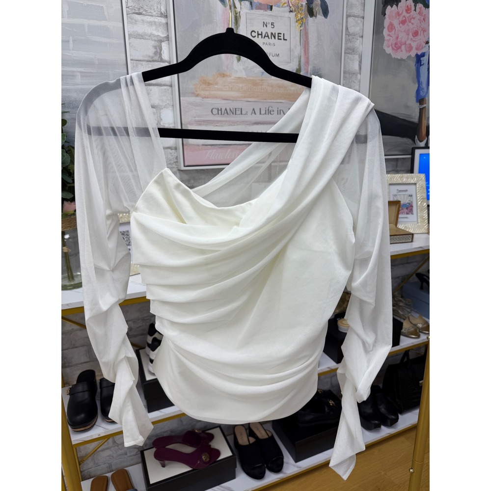 Marcella Monroe White One Shoulder Ruched Mesh Top Size M NWT - Picture 3 of 16